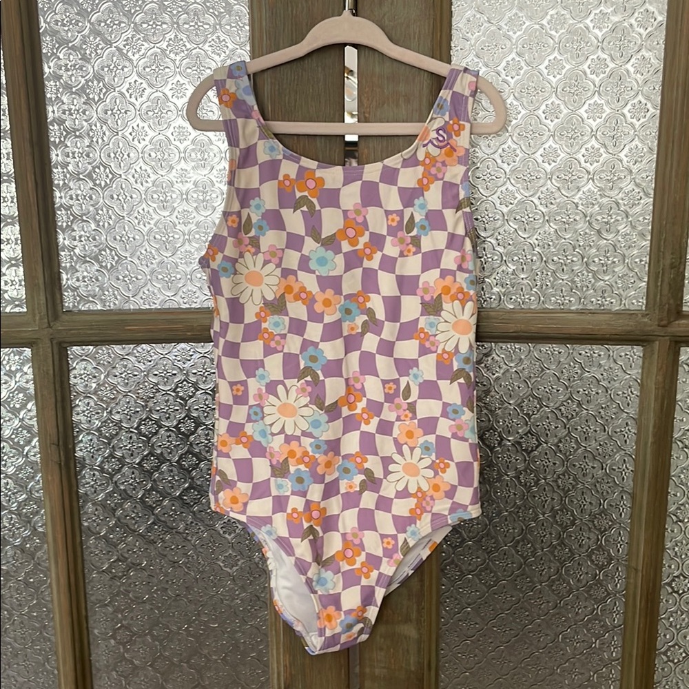 Purple & White Checkered One-Piece Swimsuit With Floral Print - Size 8-9